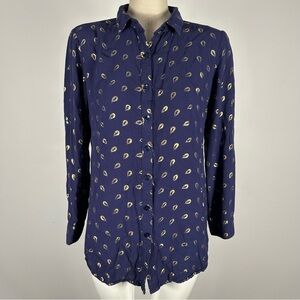 Solitaire Womens Blue Long Sleeve Collared Leaf Button-Up Tunic Top Size S
